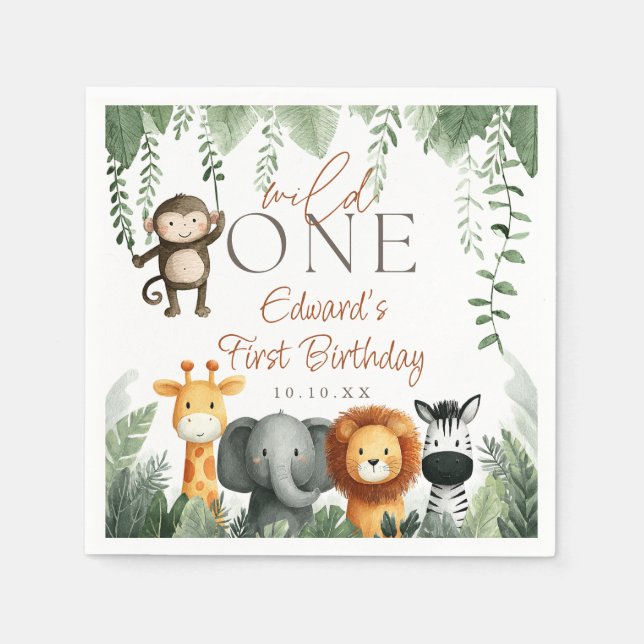 Wild One Jungle Safari 1st Birthday Napkin (Front)