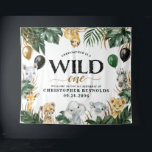 Wild One Jungle Safari 1st Birthday Party Backdrop Tapestry<br><div class="desc">Design features jungle palm tree greenery and banana leaves decorated with printed gold, black and green coloured balloons. Balloon designs also feature printed faux gold coloured confetti. Template also features baby giraffe, rhino (rhinoceros), elephant, lion, zebra, hippo (hippopotamus) and sloth watercolor animals for a safari theme. Wild one is printed...</div>
