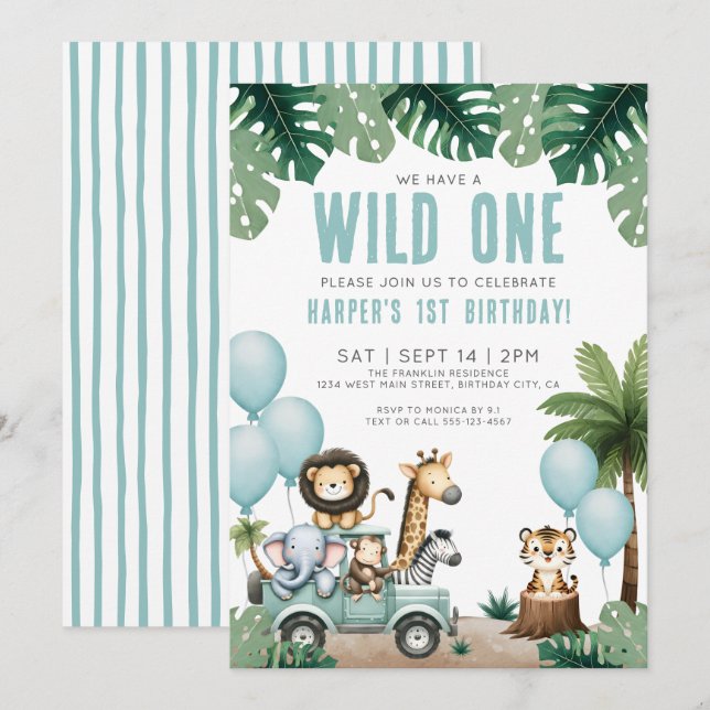 Wild One Jungle Safari 1st Birthday Party Invitation (Front/Back)