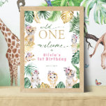 Wild One Jungle Safari Animal 1st Birthday Welcome Poster<br><div class="desc">Cute gold and green jungle & safari themed "Wild One" 1st birthday welcome poster featuring wild animal and tropical leaves design with gold and green leaf pattern on the back.</div>