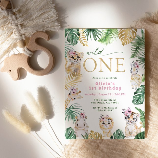 Wild One Jungle Safari Animal Gold 1st Birthday Invitation (Creator Uploaded)