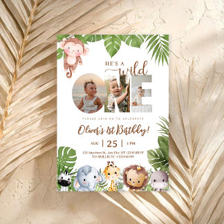 Wild One Jungle Safari Animal Photo 1st Birthday Invitation