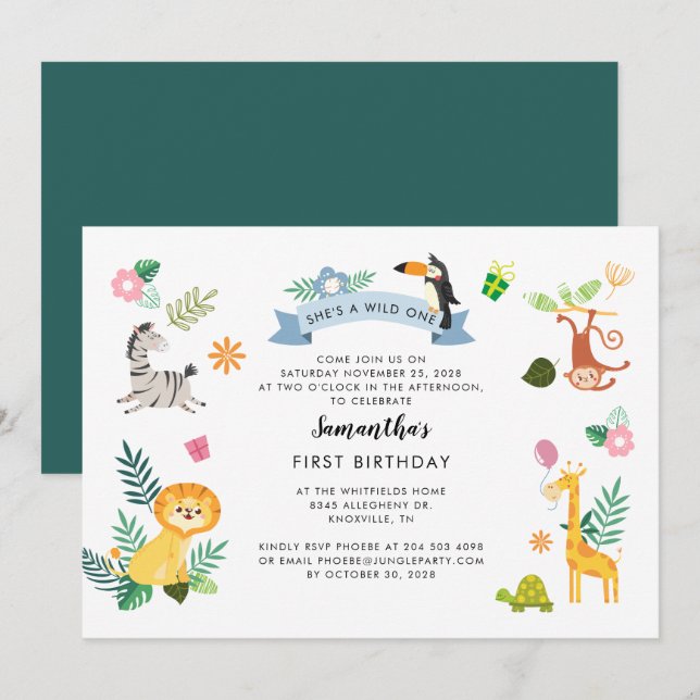 Wild One Jungle Safari Animals 1st Birthday Invitation (Front/Back)