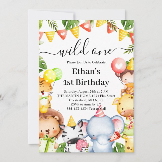 Wild One Jungle Safari Animals 1st Birthday Party  Invitation (Front)