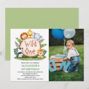 Wild One Jungle Safari Animals 1st Birthday Photo Invitation