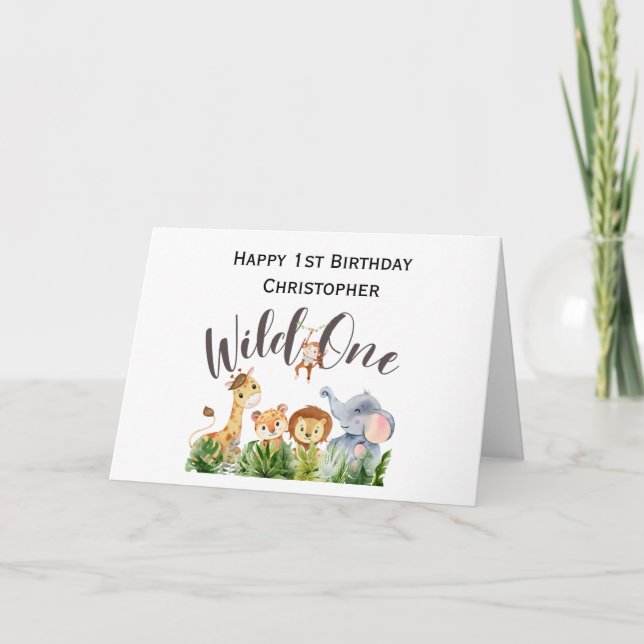 Wild One Jungle Safari Animals 1st First Birthday Card (Front)