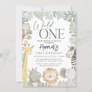 Wild One Jungle Safari Animals Birthday  Invitation