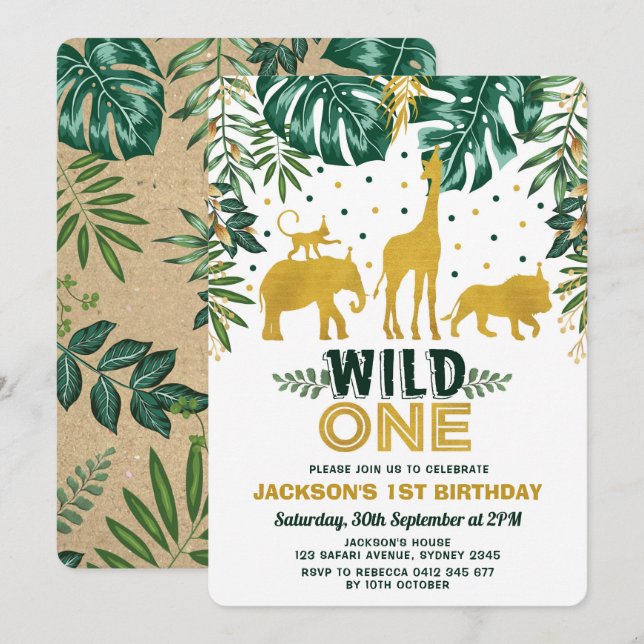 Wild One Jungle Safari Animals Birthday Party Invitation (Front/Back)