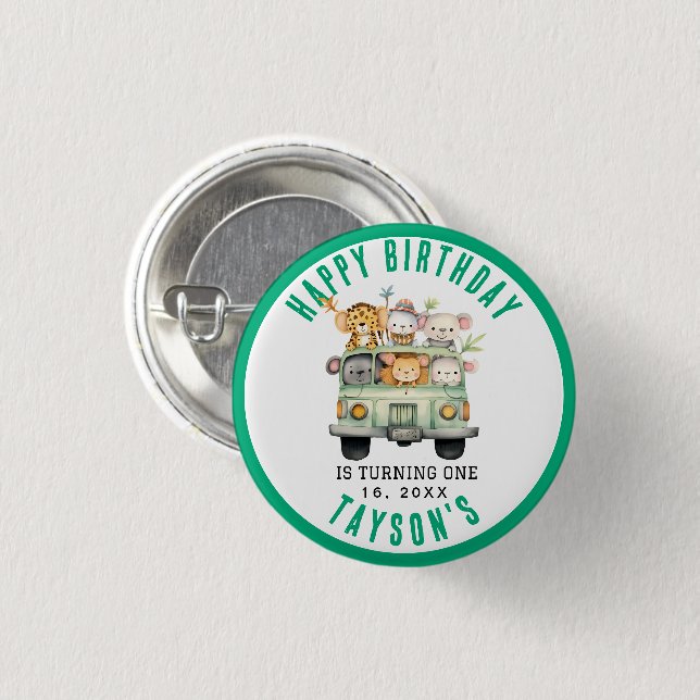 Wild One Jungle Safari Animals Boy 1st Birthday 1 Inch Round Button (Front & Back)