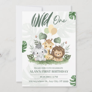 Wild One Jungle Safari Animals Boy 1st Birthday Invitation