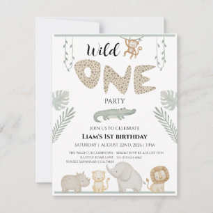 Wild One Jungle Safari Animals First Birthday Invitation