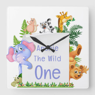 Wild One Jungle Safari Baby 1st Birthday Cute Baby Square Wall Clock