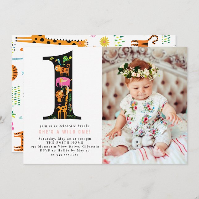 Wild One Jungle Safari First Birthday Invitation (Front/Back)
