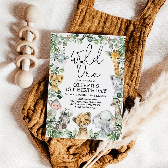 Wild One Jungle Safari Greenery 1st Birthday Boy Invitation (Creator Uploaded)