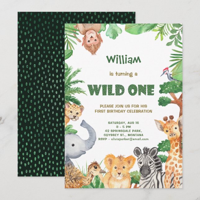 Wild One Jungle Safari Invitation d'anniversaire (Devant / Derrière)