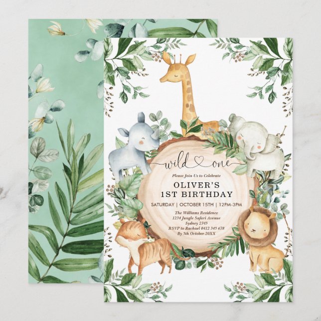 Wild One Jungle Safari Party Animals 1st Birthday Invitation (Front/Back)