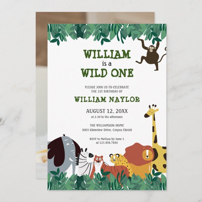 Wild One Jungle Safari Photo First Birthday Invitation (Front/Back)