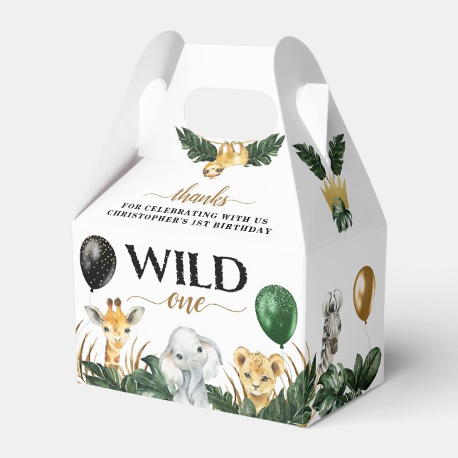 Wild One Jungle Safari Themed 1st Birthday Party Favor Box (Front Side)