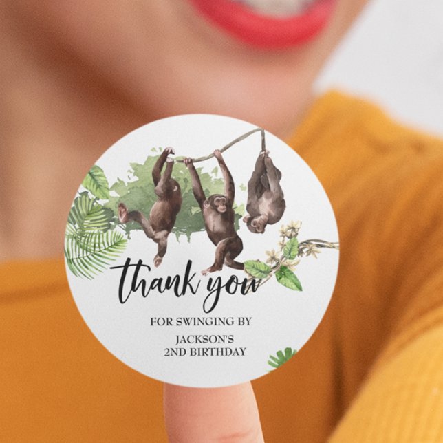 Wild One Jungle Thank you Birthday Favour Monkey Classic Round Sticker (Creator Uploaded)