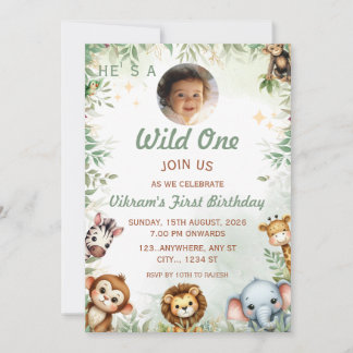 Wild One Jungle Theme 1st Birthday Photo Invite