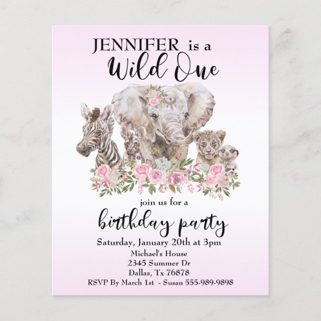 Wild One Jungle Watercolor Elephant Floral Budget Flyer (Front)