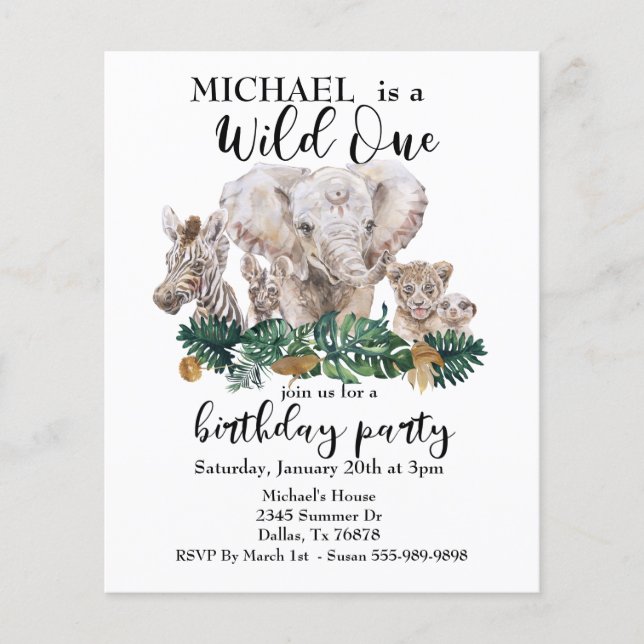 Wild One Jungle Watercolor Elephant Zebra Budget Flyer (Front)