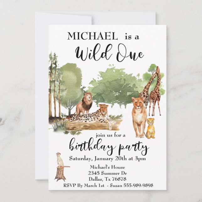 Wild One Jungle Watercolor Leopard Lion Invitation (Front)
