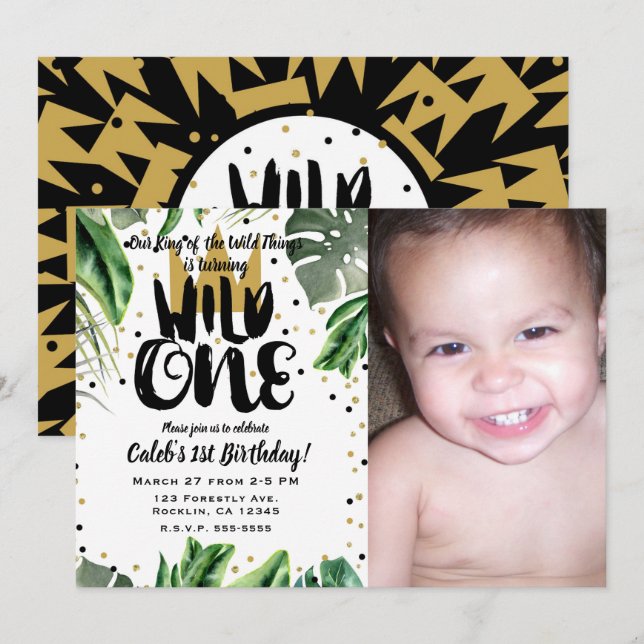 Wild One King of Things Crown 1st Birthday Party Invitation (Front/Back)