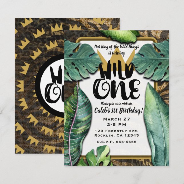 Wild One King of Things Crown 1st Birthday Party Invitation (Front/Back)