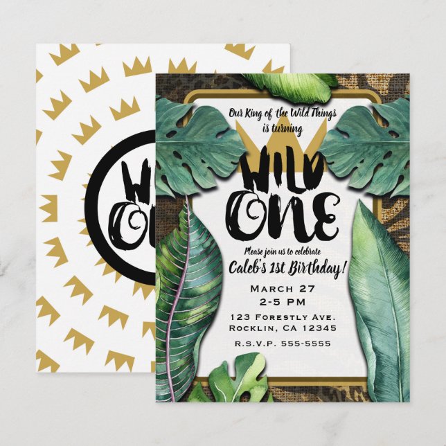 Wild One King of Things Crown 1st Birthday Party Invitation (Front/Back)
