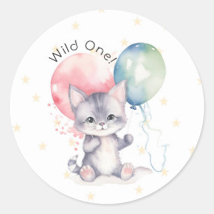 Wild One Kitten Balloons 1st Birthday Party Classic Round Sticker