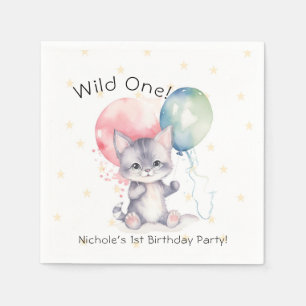 Wild One Kitten Balloons 1st Birthday Party Napkin