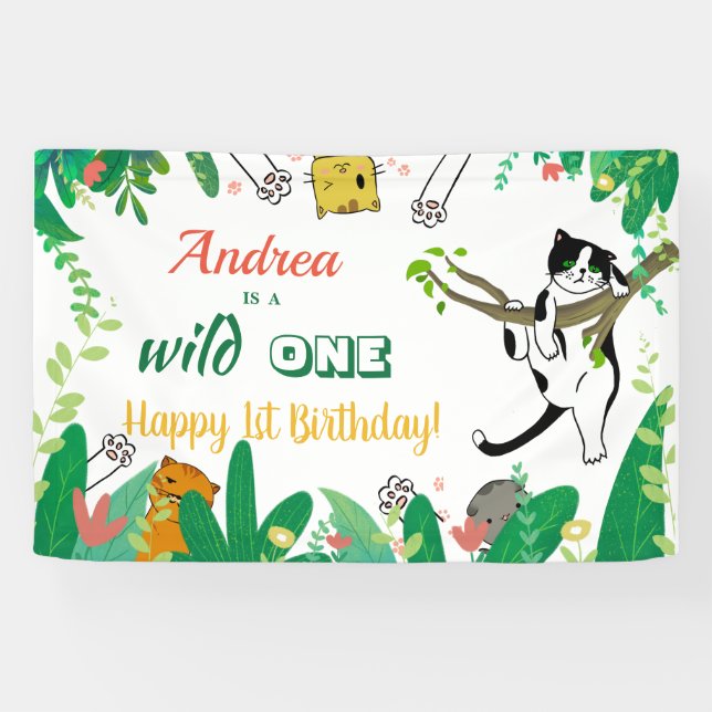 Wild One Kitty Cat Kitten 1st Birthday Invitation Banner (Horizontal)