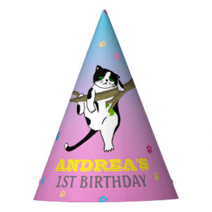 Wild One Kitty Cat Kitten 1st Birthday Purple Blue Party Hat