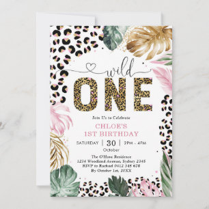 Wild One Leopard Pink Party Animals 1st Birthday Invitation