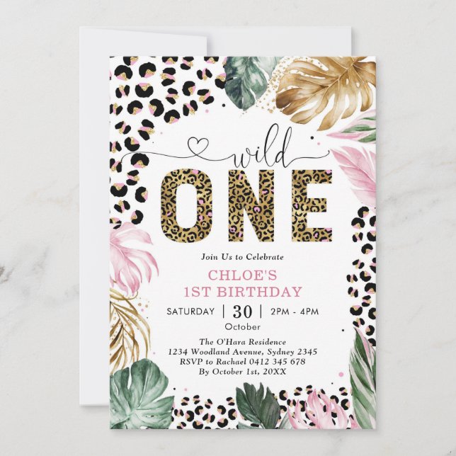 Wild One Leopard Pink Party Animals 1st Birthday Invitation (Front)