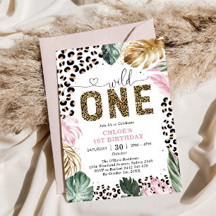 Wild One Leopard Pink Party Animals 1st Birthday Invitation