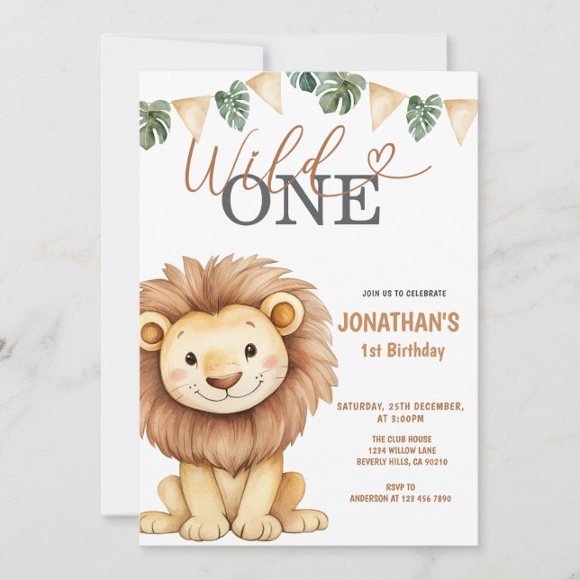 Wild One Lion 1st Birthday Party Invitation (Front)
