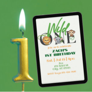 Wild One Lion Elephant Monkey 1st Birthday Minimal Invitation