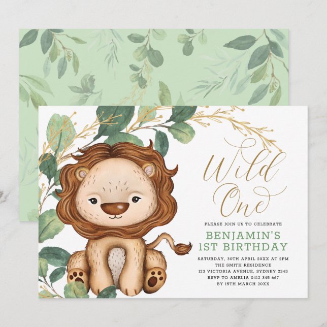 Wild One Lion Greenery Gold 1st Birthday Boy Invitation (Front/Back)