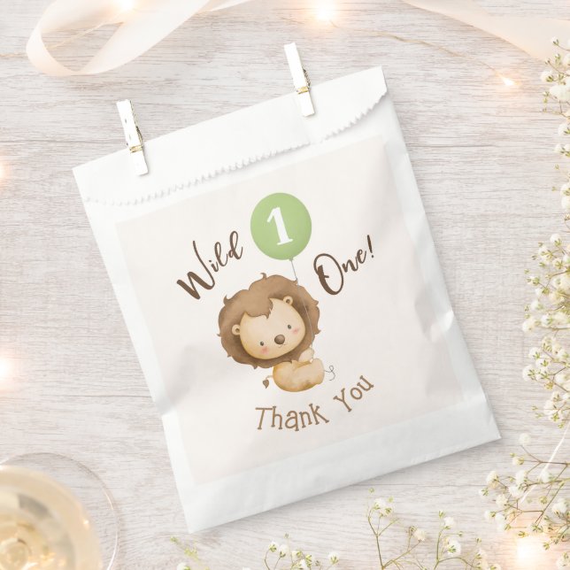 Wild One Lion Sage Green Balloon Boy 1st Birthday  Favour Bag (Clipped)
