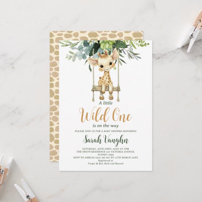 Wild One Little Giraffe Gender Neutral Baby Shower Invitation (Front/Back In Situ)