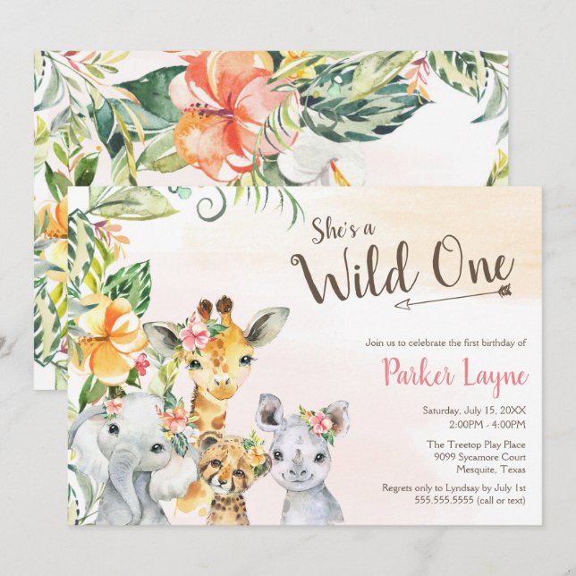 Wild One Lovely Safari Friends First Birthday Invitation (Front/Back)
