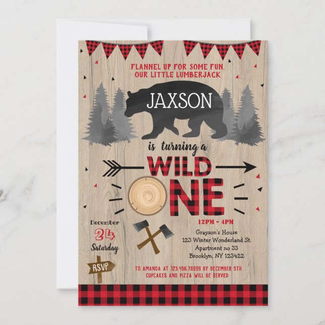 Wild One Lumberjack First Birthday Invitations (Front)
