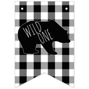 Wild One Lumberjack Plaid Bear 1st Birthday Party Bunting Flags