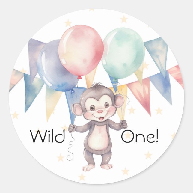 Wild One Monkey and Balloons 1st. Birthday Party Classic Round Sticker (Front)