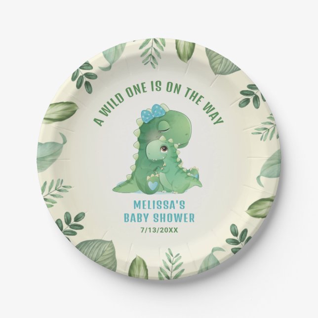 Wild One On The Way Dinosaur Blue Baby Boy Shower Paper Plate (Front)
