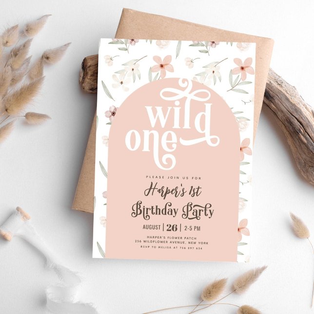 wild one pastel pink wild flower First Birthday  Invitation (Creator Uploaded)