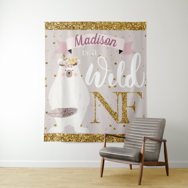 Wild One Personalized First Birthday Girl Tapestry (In Situ)