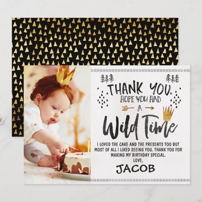 Wild One Photo 1st Birthday Thank You Card (Front/Back)